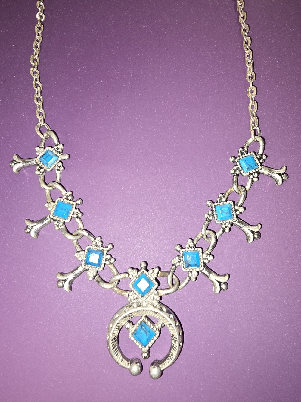 Vintage 1960's  Emmons Faux Turquoise Squash Blossom Necklace: Boho Southwestern